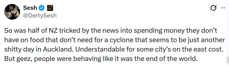 A tweet from @DerTySesh criticizes media coverage of a cyclone in New Zealand, saying people overspent on food and panicked as if it were the end of the world, though the storm seemed mild in Auckland.