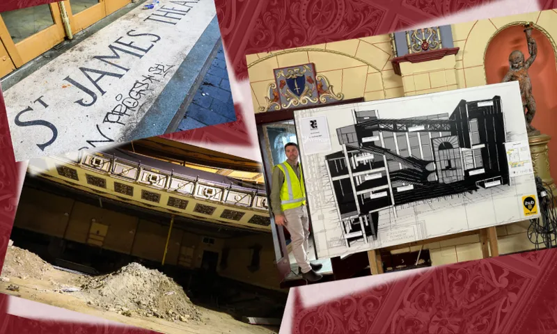 Three images showing the interior and exterior of a rundown theatre on a red textured background