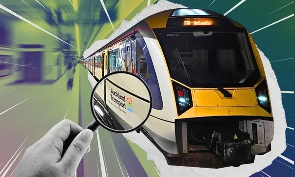 A hand holds a magnifying glass over a moving yellow and silver train labeled "Auckland Transport," with a blurred, colorful background suggesting speed and motion.