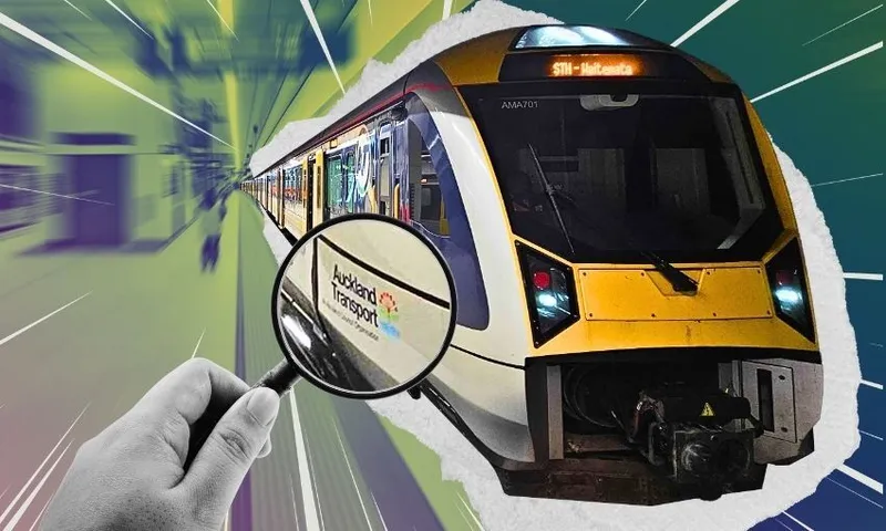 A hand holds a magnifying glass over a moving yellow and silver train labeled "Auckland Transport," with a blurred, colorful background suggesting speed and motion.