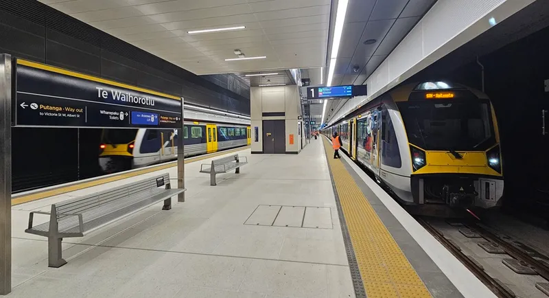 A modern underground train station with a yellow and white train on the right, benches on the platform, digital signs overhead, and a person in a safety vest standing near the train.