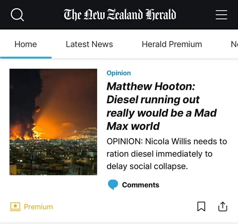 Screenshot of The New Zealand Herald website showing an opinion piece titled "Matthew Hooton: Diesel running out really would be a Mad Max world," with a photo of a city at night and large fires burning in the distance.