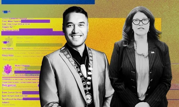 A man wearing a suit and ceremonial chain stands smiling next to a woman in a striped suit and glasses, both in black and white. The colorful background features blurred text and email snippets.