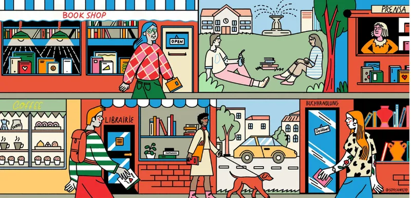 An illustration of bookshop frontages.