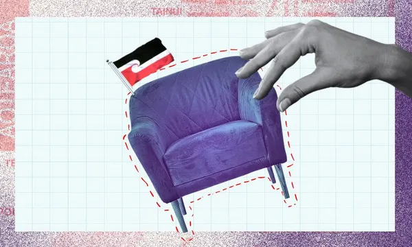 A collage featuring a blue armchair outlined in red, a hand reaching towards it, and a small Māori flag attached to the chair, all set against a grid background with textured borders.