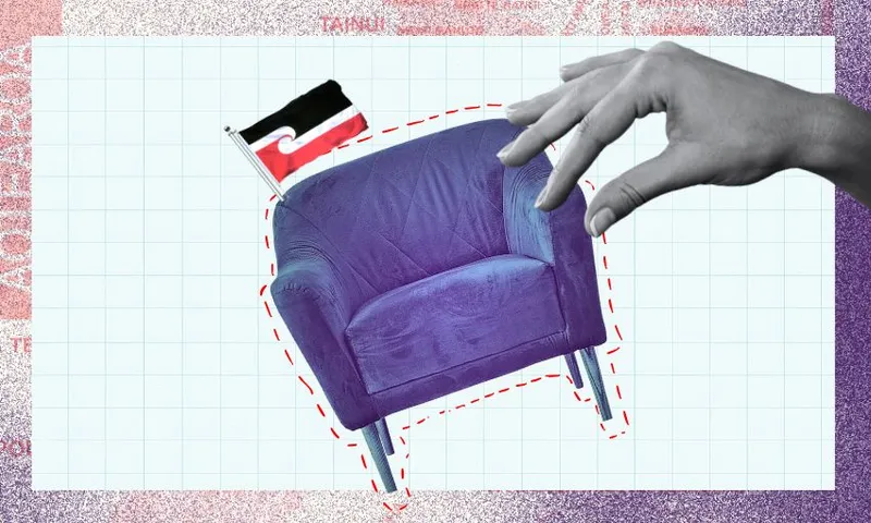A collage featuring a blue armchair outlined in red, a hand reaching towards it, and a small Māori flag attached to the chair, all set against a grid background with textured borders.