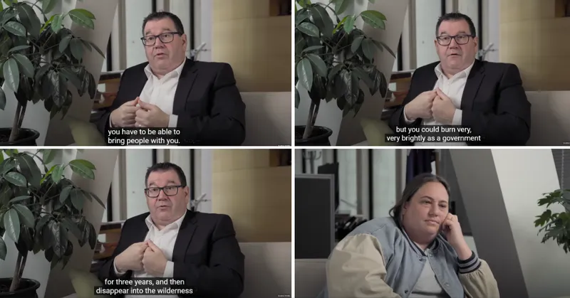 A man in a suit speaks in an office, gesturing with his hands in the first three frames, with subtitles discussing government and leadership. In the fourth frame, a woman with long hair listens attentively.