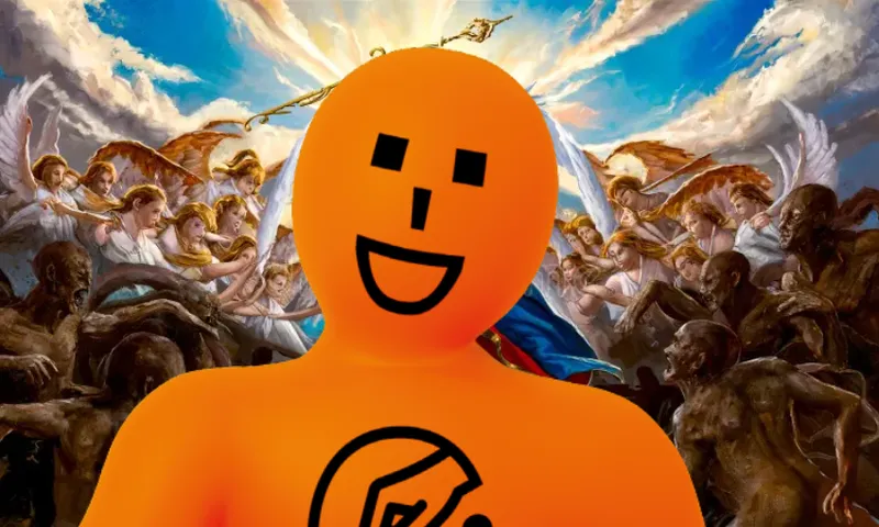 An orange, smiling, faceless cartoon figure stands in front of a dramatic painting depicting angels battling dark figures under a radiant sky.