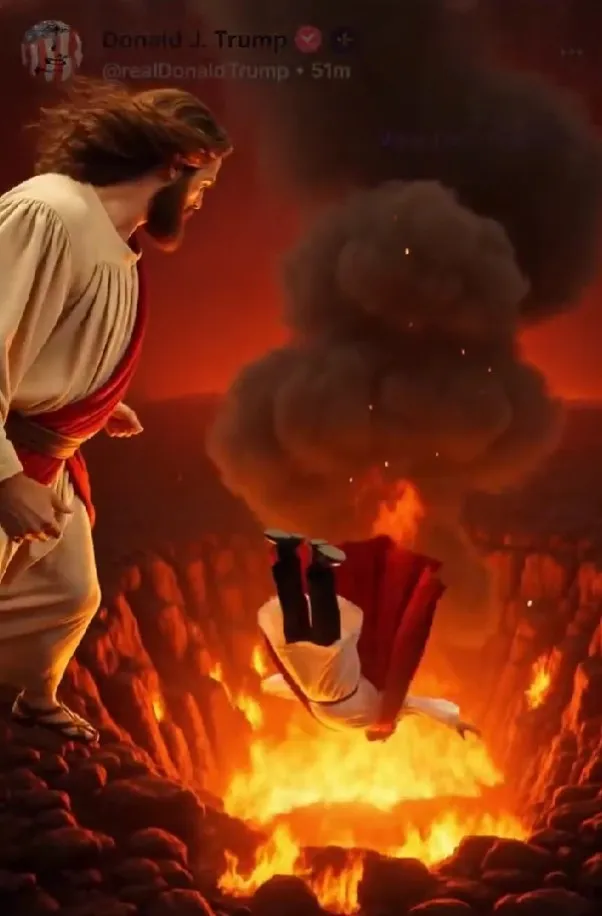 Jesus stands beside a fiery pit as another figure, dressed in white and red, falls headfirst into the flames below. Smoke billows into a dark, red-lit sky, creating a dramatic and intense scene.