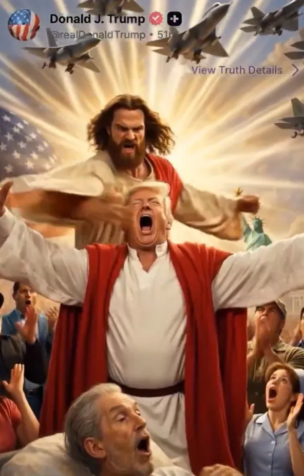 A dramatic painting shows Donald Trump in a white robe with arms outstretched, surrounded by cheering people. Behind him stands a figure resembling Jesus with shining light and military jets flying overhead. An American flag is partially visible.