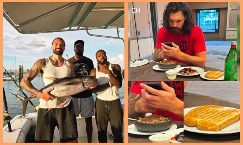 A man holds a large fish on a boat with two others, all smiling. In the collage, he sits at a table with a phone, facing plates of food including toast, oatmeal, and fruit.