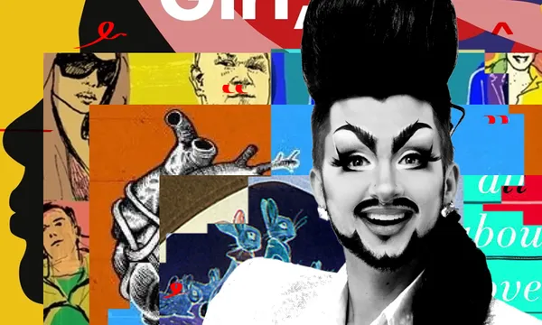 A black and white photo of drag king, Hugo Grrrl who has wonderful eyebrows, shaped beard and a beehive hairdo. Behind him is a collage of book covers.