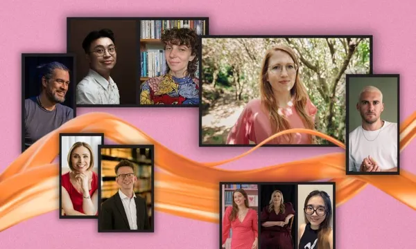 A collage of nine people posing individually, each in different settings, arranged over a pink background with an orange wavy ribbon across the image.