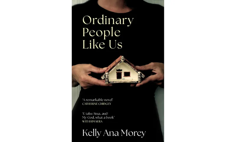 The cover of Ordinary People Like Us by Kelly Ana Morey which shows a woman in black holding a model wharenui.