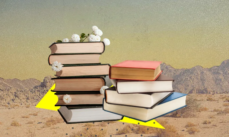 A bleak landscape is overlaid with two piles of books with white flowers on the highest pile.