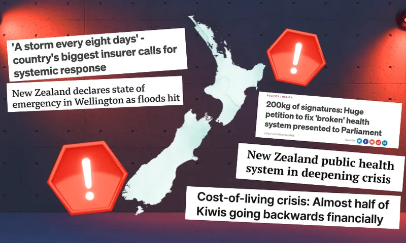 A map of New Zealand with red warning icons is surrounded by headlines about crises, including storms, floods, a strained health system, and financial struggles affecting the population.