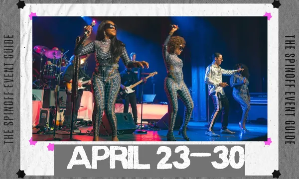 A photo of the band Boney M on stage singing and dancing in glittery body suits.
