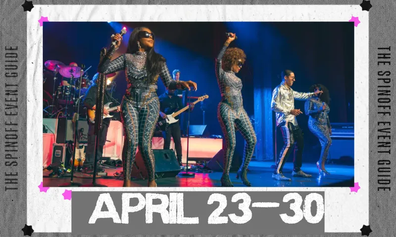 A photo of the band Boney M on stage singing and dancing in glittery body suits.