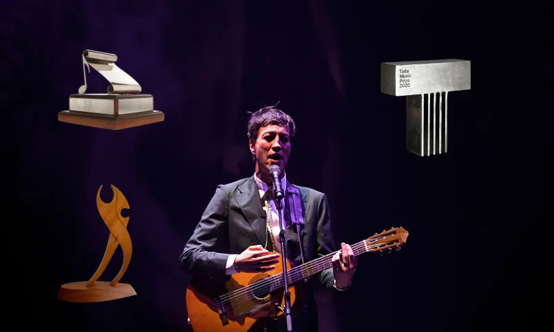 A music (Marlon Williams) performs in a suit and with a guitar. Overlaid are various music award trophies in New Zealand