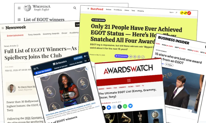 A collage of online news articles with headlines listing EGOT winners
