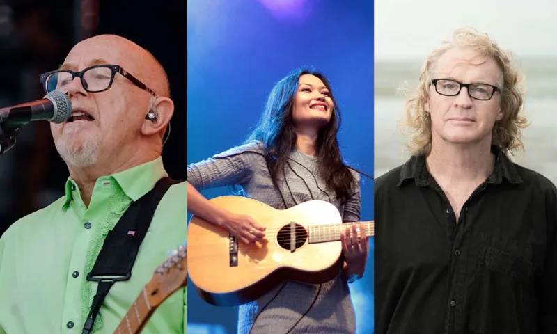 three images of musicians, one white man with glasses, one woman with long dark hair and a guitar, and a man with curly long hair and thick-rimmed glasses
