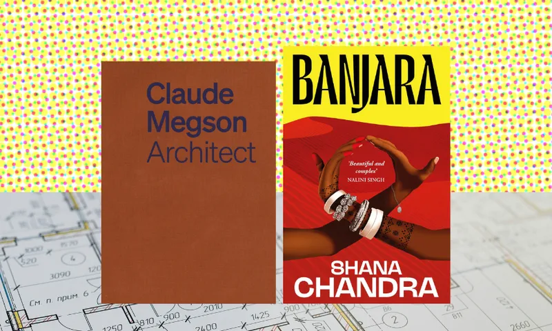 Two book covers side by side with architectural drawings beneath and a speckled yellow background above.