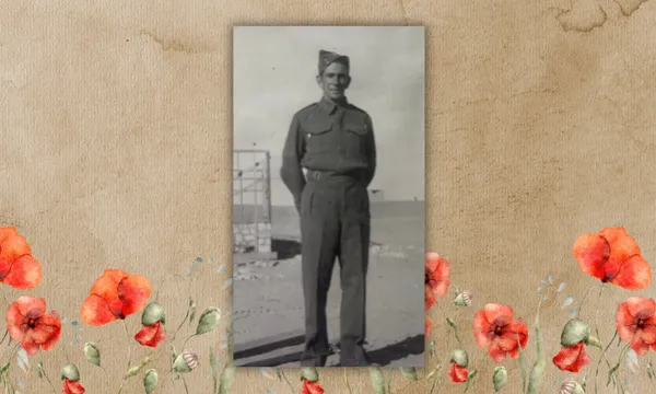 a black and white photo of a tall, skinny man wearing plain military attire. The photo is on a parchment texture with illustrated poppies below