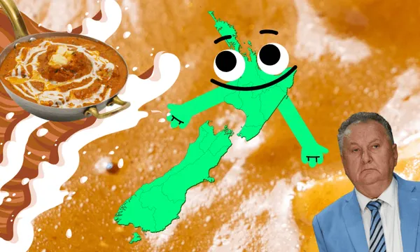 A pan of butter chicken, a cartoon green map of New Zealand with a face and arms, and a man in a blue suit on a background of creamy orange sauce.