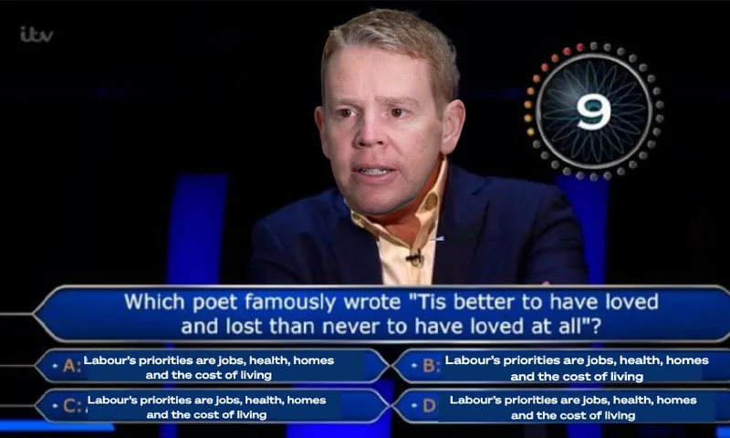 A "Who Wants to Be a Millionaire?" game show question displays four identical answers about Labour’s priorities. The contestant’s face is edited onto the host’s body, with a timer showing 9 seconds remaining.