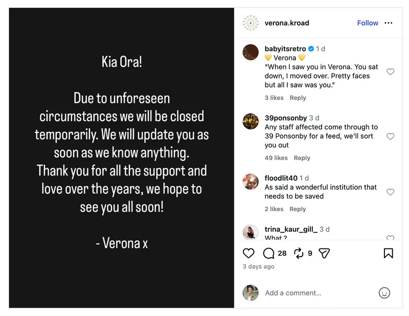 Verona published news of is temporary closure on Instagram