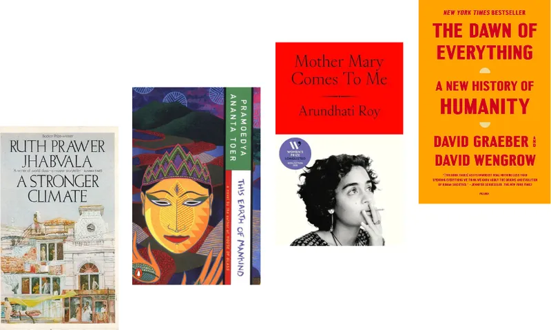 Four books ascending up from bottom left to top right in an angle.