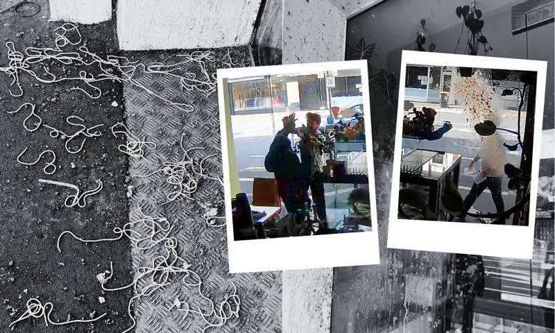 A black and white collage featuring noodles scattered on the ground and two overlapping, colour Polaroid-style photos showing people inside a cafe, with reflections and street scenes visible through glass.