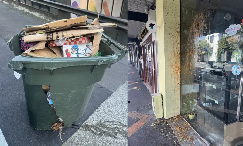 An overflowing green trash bin with a hole sits on a sidewalk, spilling cardboard and trash. Beside it, a shopfront window is splattered with a bolognese sauce that has dripped onto the pavement.