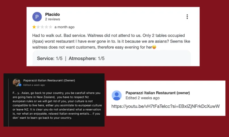 A negative restaurant review criticizes service and atmosphere, mentioning perceived racism. The owner's responses are defensive and racial in tone. it also includes a YouTube link