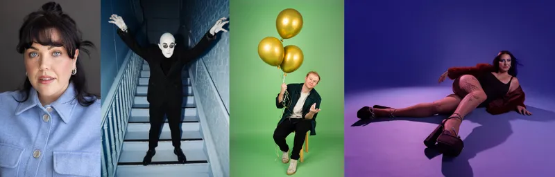 Four headshots and posters of comedians posing for the camera with one wearing a nosferatu costume