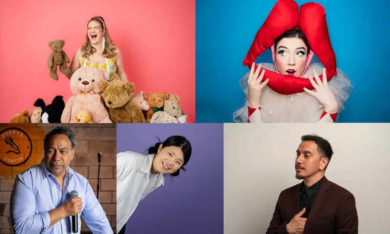 Five comedian headshots and posters on colourful backgrounds and various poses