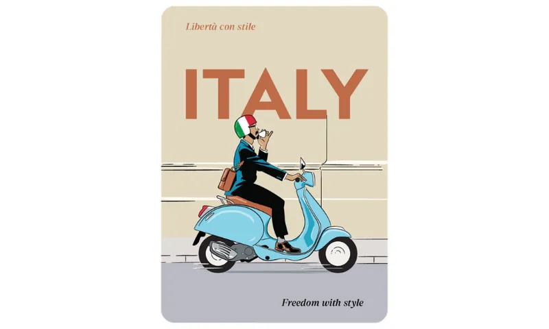 A postcard for the Italian Film Festival showing someone on a vespa wearing an italian flag helmet.