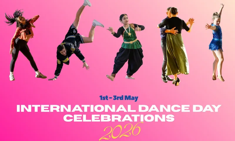 A promotional image for International Dance Day showing different dancers on a pink background.