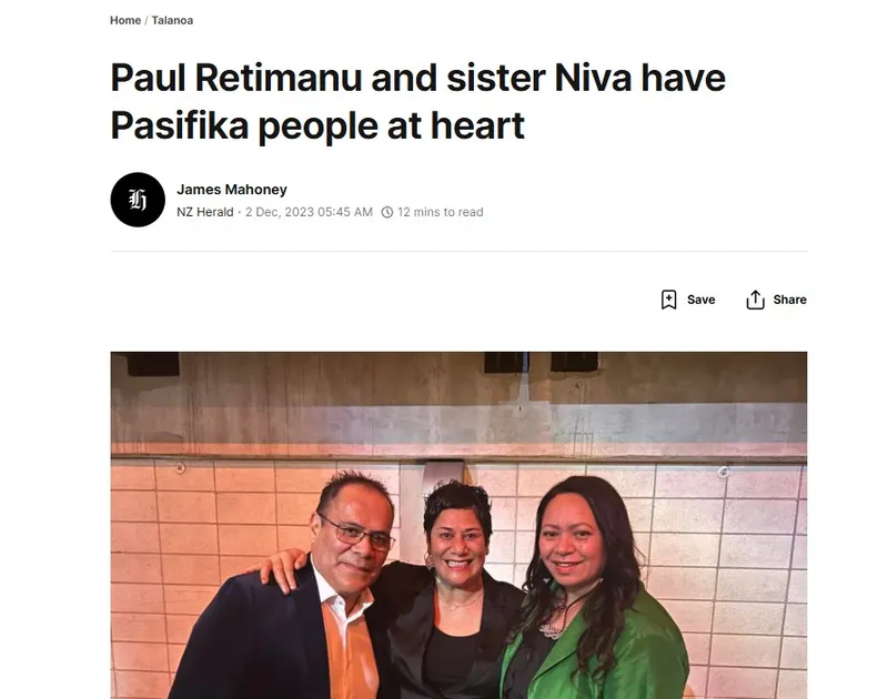 Three people stand together smiling in front of a wooden wall. The headline above them reads, "Paul Retimanu and sister Niva have Pasifika people at heart," with article details by James Mahoney from NZ Herald.