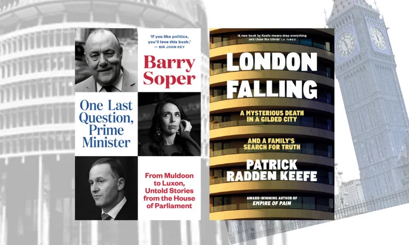 A black and white photo of the beehive and a black and white photo of big ben, both faded and obscure in the background and covered by two book covers.