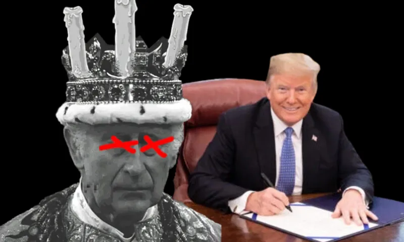 A smiling man in a suit sits at a desk signing a document. Next to him is a black-and-white image of a royal figure with a crown, red X's over the eyes, and a dark background.
