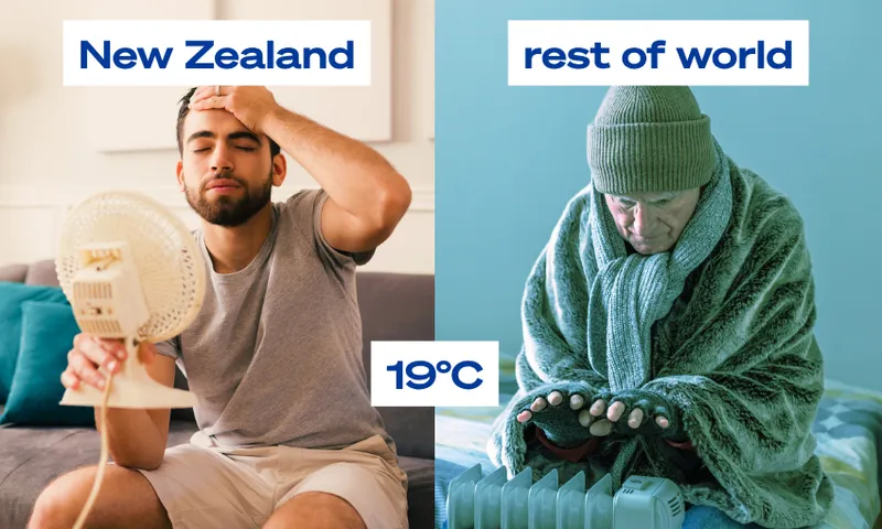 on the left a man wearing a t-shirt and shorts and holding a fan, on the right a man wrapped in a blanket with his hands over a heater. overlaid are the words "new zealand vs rest of world"