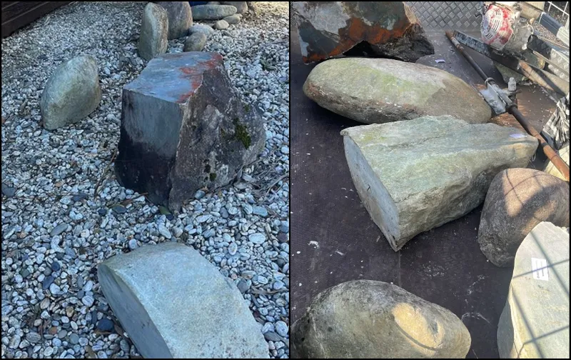 Two images side by side: on the left, several large, rough-cut stones rest on gravel; on the right, more similarly shaped stones are arranged on a dark flat surface along with some tools.