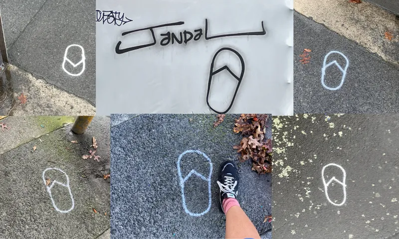 a collage of images showing a white spraypainted tag in the shape of a jandal