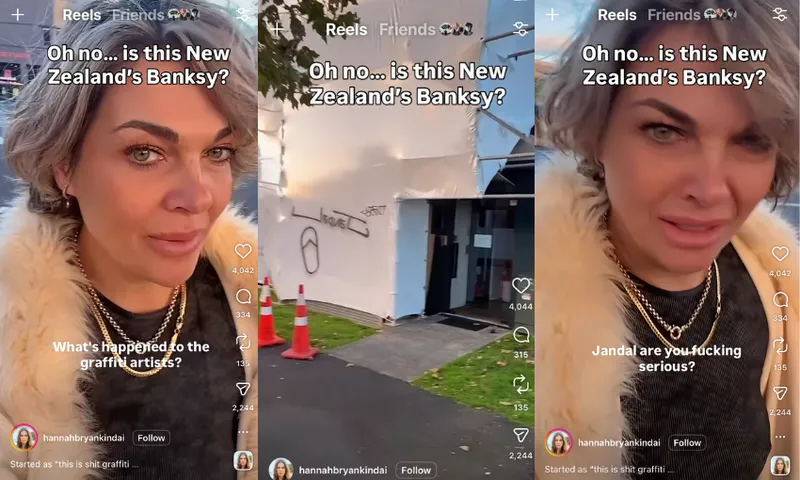 three screenshots of an instagram video showing a middle aged woman in a fur coat reacting to the jandal tag on some construction plastic sheeting