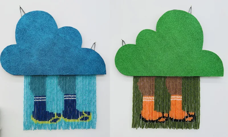 two bead artworks, one green and one blue, depicting large calves and feet wearing socks and jandals