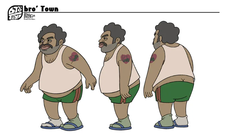 a cartoon illustration of an overweight man with stubble and curly hair, wearing a white singlet, green rugby shorts, socks and blue jandals