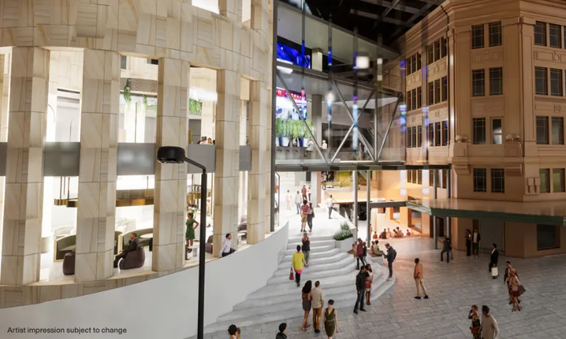 a digital render of a large complex entrance with bright lights and shoppers walking through