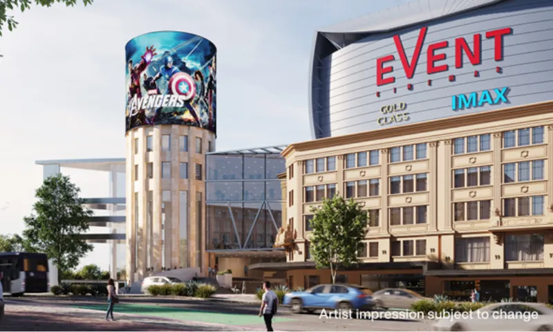 a digital render of Sky World showing a large screen wrapping around a cylindrical building