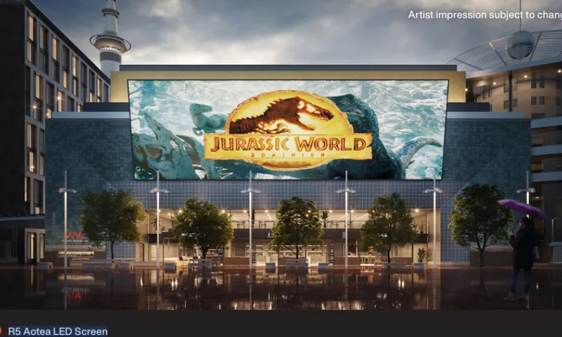 A digital render showing a large cinema screen on the side of a building